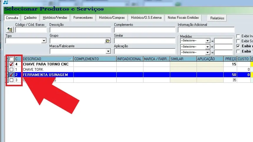 Seleção de produto no Nota Fácil